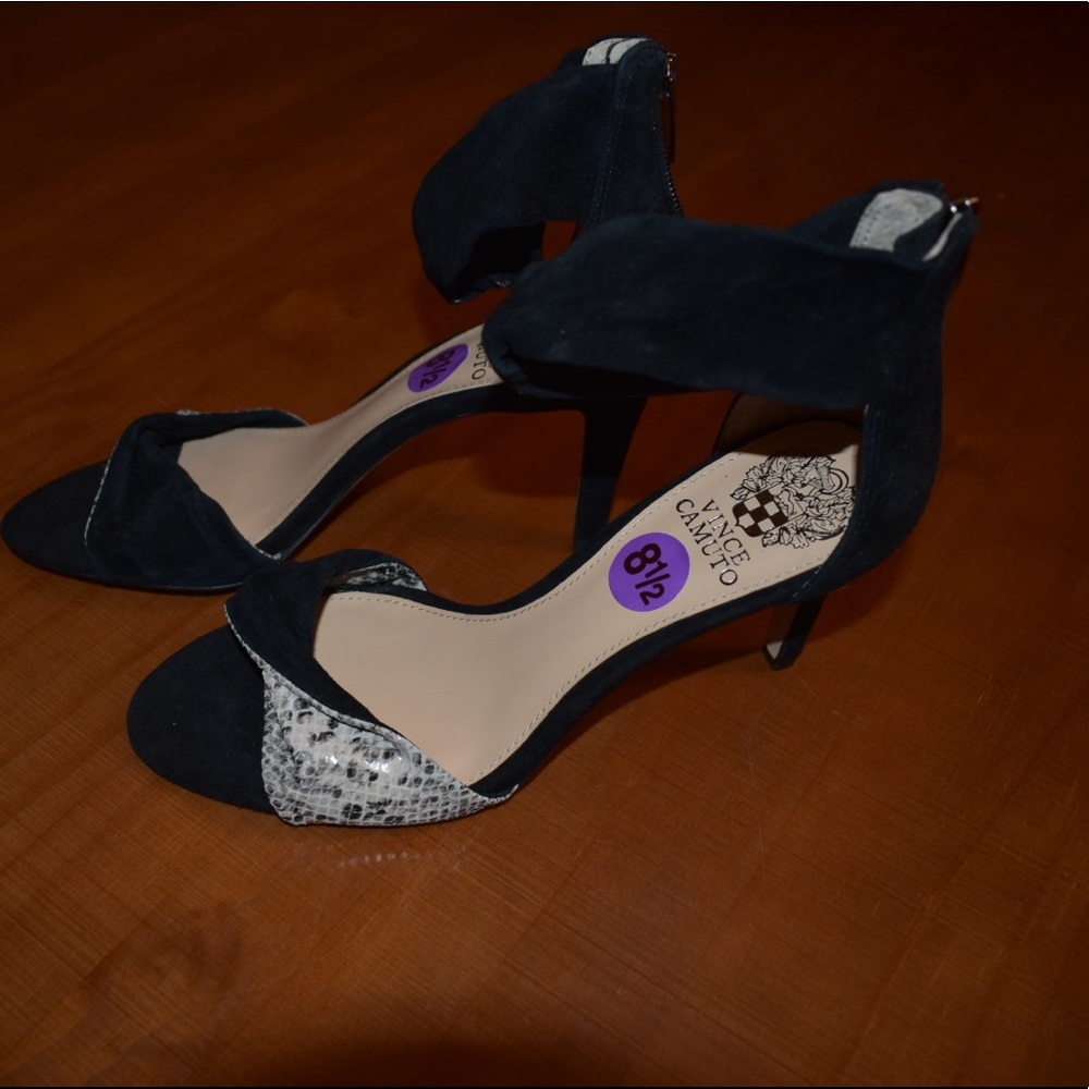 Vince Camuto Camden Snakeskin Suede Strap Heels